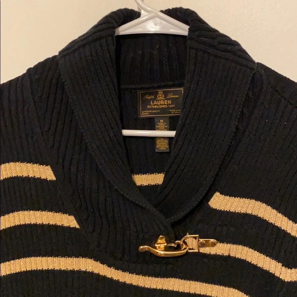 LAUREN Ralph Lauren striped cowl split neck sweater with linked clasp front - Picture 3 of 5